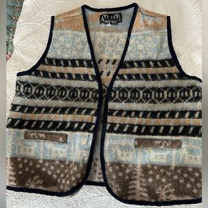 VINTAGE “At Last&Co” 60Wool 40/cotton,acrylic Vest with Blue,black &Tan Pattern.